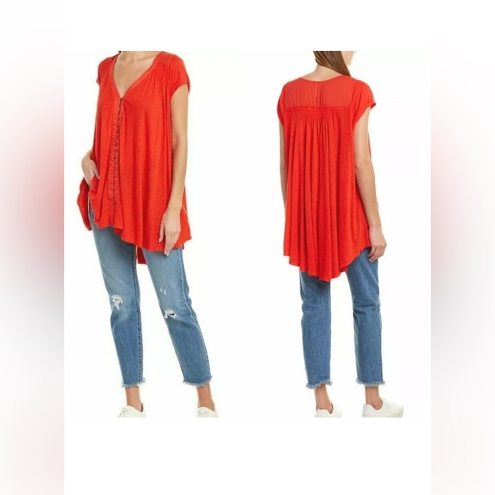 Free People Highland V-Neck Linen Blend T-Shirt